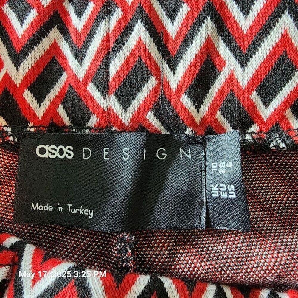 Asos Design Women's Pants Sz 6 Red Black Geometric Pattern Flare Bottom Stretch - Picture 4 of 13